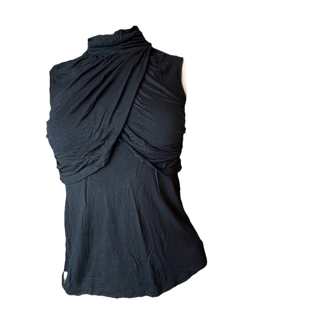 Kenar BLACK FAUX WRAP TOP SLEEVELESS FITTED MOCK NECK VISCOSE BLOUSE SMALL